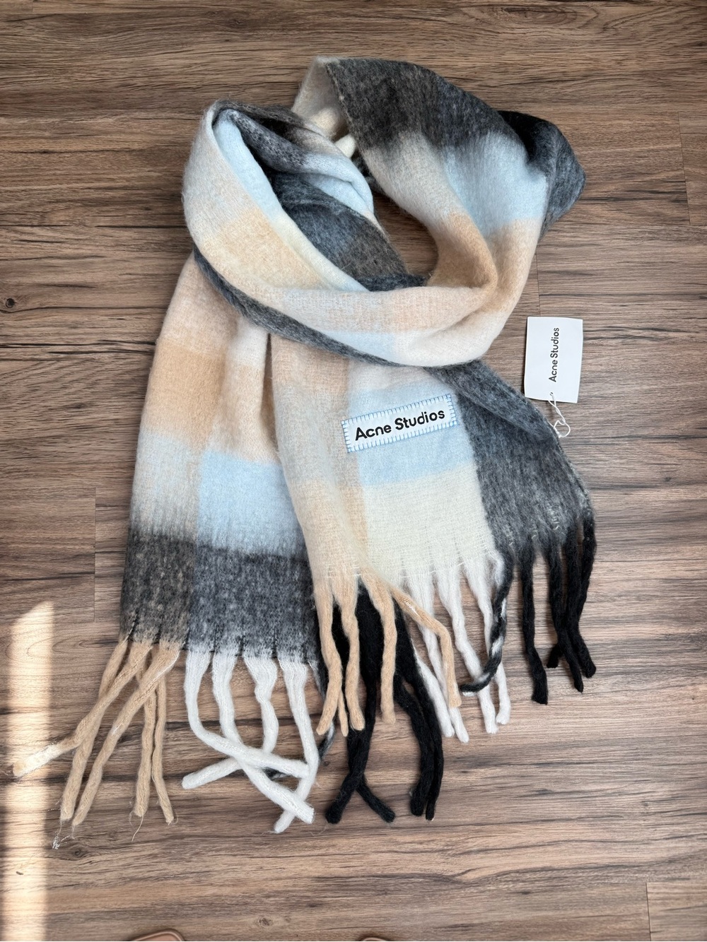 Acne Studios Large Plaid Mohair Scarf Light Blue Beige Grey Fringe Oversized